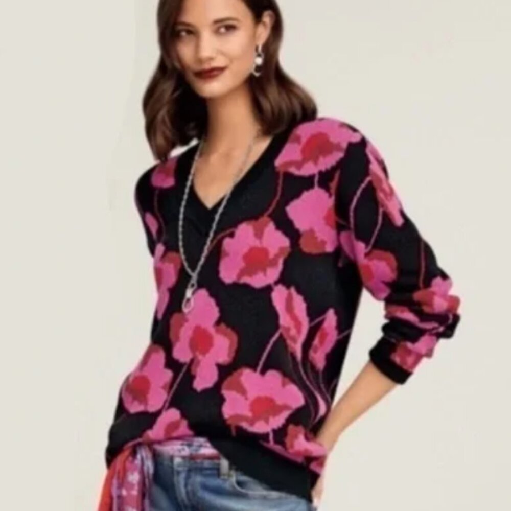 Cabi Rococo Black & Pink Floral Deep V neck Sweater Size Medium #4102
